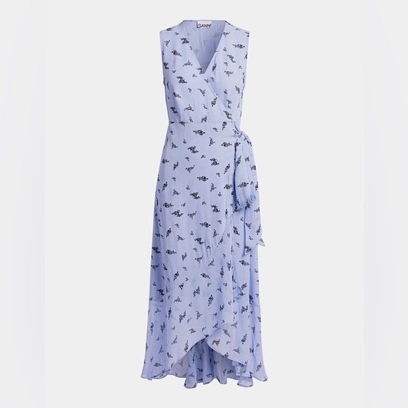 GANNI Georgette Brunnera Blue Floral Chiffon V-Neck Wrap Midi Dress - Picture 1 of 16